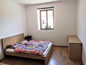 ein Schlafzimmer mit einem Bett in einem Zimmer mit einem Fenster in der Unterkunft Apartmány Na hrnčírně in Suchdol nad Lužnicí