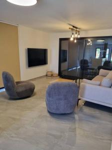 sala de estar con 2 sillas y TV en זריחה למרגלות הגלבוע, en Nurit