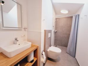 łazienka z umywalką, toaletą i prysznicem w obiekcie Mei-Chalet w mieście Bad Kleinkirchheim +10 zdjęć