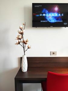 a vase of flowers sitting on a table with a tv at Suites Direzionale Carpi in Carpi
