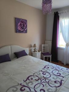 sypialnia z dużym łóżkiem z fioletowo-białym kocem w obiekcie Location saisonnière en Provence w mieście Rochefort-du-Gard