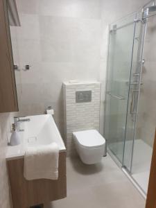 e bagno con doccia, servizi igienici e lavandino. di Apartment with terrace a Portoroz