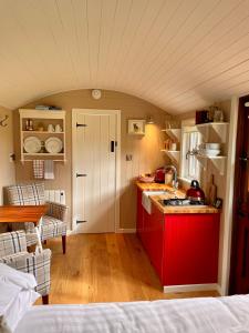 a kitchen with red cabinets and a red counter top at Sheelin Shepherds Hut 2 with Hot Tub in Mountnugent