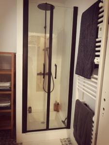um chuveiro com uma porta de vidro na casa de banho em Maison 3,5km de la plage et proche Mont St Michel em Saint-Broladre