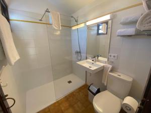 a bathroom with a toilet and a shower and a sink at Apartamentos Sa Cornisa in Cala Morell