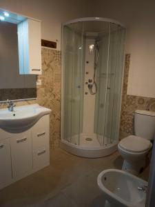 ein Bad mit einer Dusche, einem WC und einem Waschbecken in der Unterkunft Il palmento di Beppe in Santa Tecla