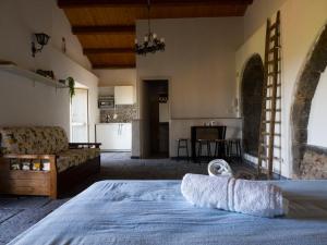 ein Schlafzimmer mit einem Bett und ein Wohnzimmer in der Unterkunft Il palmento di Beppe in Santa Tecla