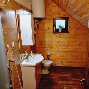 baño con lavabo y aseo en una cabaña de madera en Kanadský zrub en Prievidza