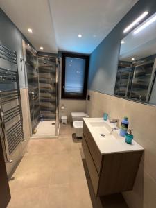 a bathroom with a sink and a toilet and a shower at Villa Russo Apartment in Trecastagni +9 photos