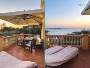2 fotos de un balcón con mesa y sombrilla en Villa Lina, en Castiglioncello