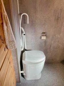 uma casa de banho com um WC branco e um lavatório. em Tretopphytter På Grensen - Beverhytta med robåt og gjeddefiske em Halden