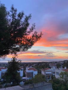 einen Sonnenuntergang über einer Stadt mit einem Baum in der Unterkunft Respect to the Guest in Thessaloniki