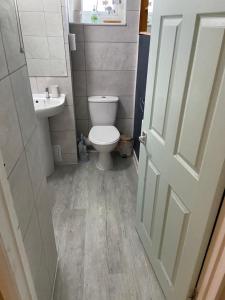 a bathroom with a toilet and a sink at Gwêl y Fenai in Y Felinheli