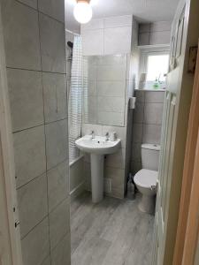 a bathroom with a sink and a toilet at Gwêl y Fenai in Y Felinheli