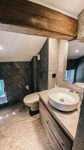 uma casa de banho com um lavatório e um WC em Chalet Camillou em Champagny-en-Vanoise
