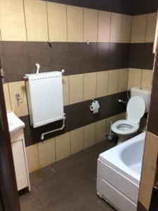 La salle de bains est pourvue de toilettes, d'un lavabo et d'une baignoire. dans l'établissement Hostel Mialma, à Onești