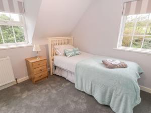 two beds in a bedroom with two windows at The Orchard in Pwllheli