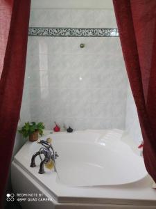 um lavatório branco numa casa de banho com uma cortina vermelha em B&B Lo Smeraldo em Grottaglie