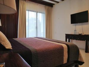 ein Hotelzimmer mit einem Bett und einem TV in der Unterkunft Casa San Roque Valladolid in Valladolid