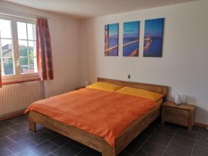 1 dormitorio con 1 cama y 2 cuadros en la pared en Jurastei 16, en Wiedlisbach