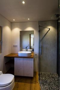 a bathroom with a sink and a toilet and a shower at Biohotel Grafenast in Pill