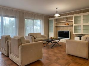 ein Wohnzimmer mit einem Sofa, Stühlen und einem TV in der Unterkunft Apartments Villa St. Bar in Bar