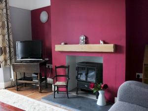 a living room with a pink wall with a fireplace at Spacious family home close to Llandeilo in Llandeilo