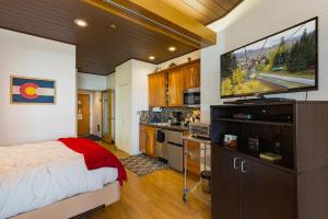 ein Schlafzimmer mit einem Bett und einem Flachbildfernseher in der Unterkunft Eolus 526 in Durango Mountain Resort