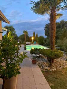 a swimming pool with a palm tree and a sidewalk at Domaine de la Provençale in Saint-Didier-de-la-Tour