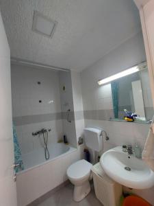 La salle de bains est pourvue de toilettes, d'un lavabo et d'une baignoire. dans l'établissement Xenia apartments, à Belgrade