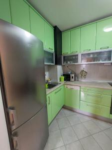 a kitchen with green cabinets and a stainless steel refrigerator at Xenia apartments in Belgrade
