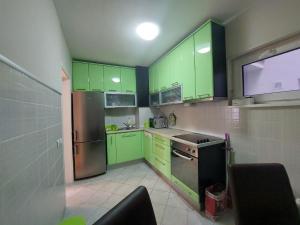 a kitchen with green cabinets and a stainless steel refrigerator at Xenia apartments in Belgrade