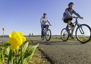 two people riding bikes on a road near the beach at Llofft Marian in Llangadwaladr