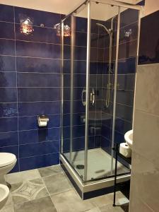 サレルノにあるB&B Palazzo Fruscioneのバスルーム(青いタイル張りのシャワー付)