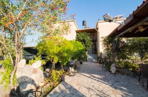 une cour avec des chaises et des arbres dans l'établissement Valtaki Holiday Home, à Selinitsa