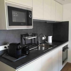 Una encimera de cocina con fregadero y microondas. en Sea-View - Wifi - Parking, en Six-Fours-les-Plages