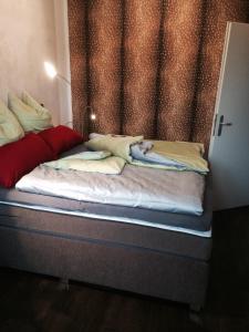 a bed sitting in a room with a curtain at Ferien Suite Braunlage in Braunlage