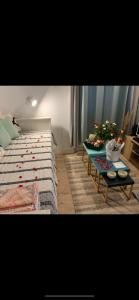 ein Wohnzimmer mit einem Bett und einem Tisch in der Unterkunft Studio le Monroe les pieds dans l'eau 10 m de la mer in La Seyne-sur-Mer