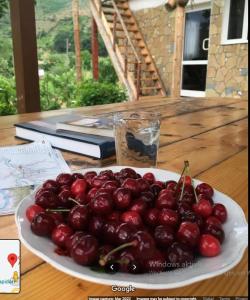 a plate of cherries on a table with a book at Guesthouse Arber in Peshkopi