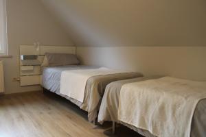 2 camas en una habitación pequeña con ático en Ferienwohnung Am Weißfrauenbach, en Erfurt