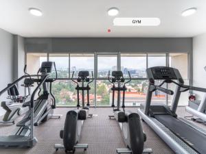 un gimnasio con máquinas de cardio y una gran ventana en Elite 47 Interlomas en Ciudad de México
