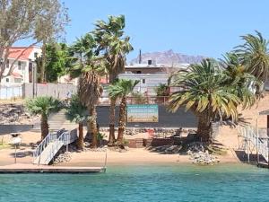 een strand met palmbomen en een boot in het water bij Relaxing River Family Retreat in Bullhead City