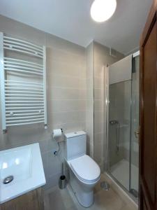 uma casa de banho com um WC, um chuveiro e um lavatório. em Puerta del Hierro em Sigüenza