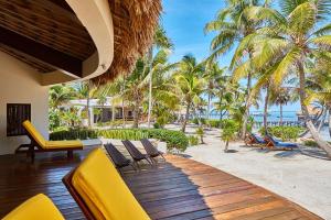 una terraza del complejo con sillas, palmeras y el océano en La Perla del Caribe - Villa Amber en San Pedro