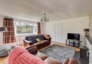 a living room with a couch and a tv at Glan Donau in Llanuwchllyn