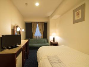 a hotel room with a bed and a television at Hotel Matsunoka Ichinoseki in Ichinoseki