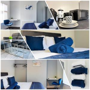 un collage de fotos de un dormitorio con almohadas azules en Whitmore House By RMR Accommodations - Newly Refurbed - Modern - Parking - Central en Etruria