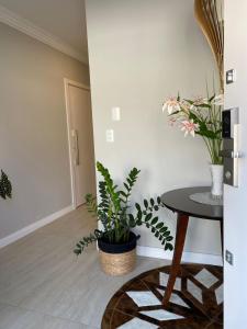 a room with a table and plants on the floor at Bouganville Guest House BC in Balneário Camboriú