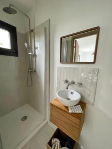 uma casa de banho com um lavatório, um chuveiro e um espelho. em Rez de Jardin en pleine nature em Ventabren