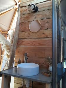 a bathroom with a sink and a mirror on a wall at A l'aube des sens in Bailly-le-Franc